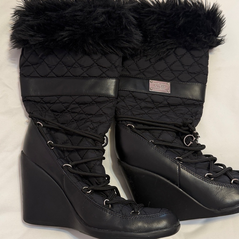 Guess Black Quilted Wedge Tie Up Faux Fur Gunnar Boots